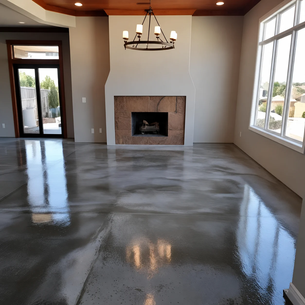 Flowing metallic concrete floor in a fireplace room.